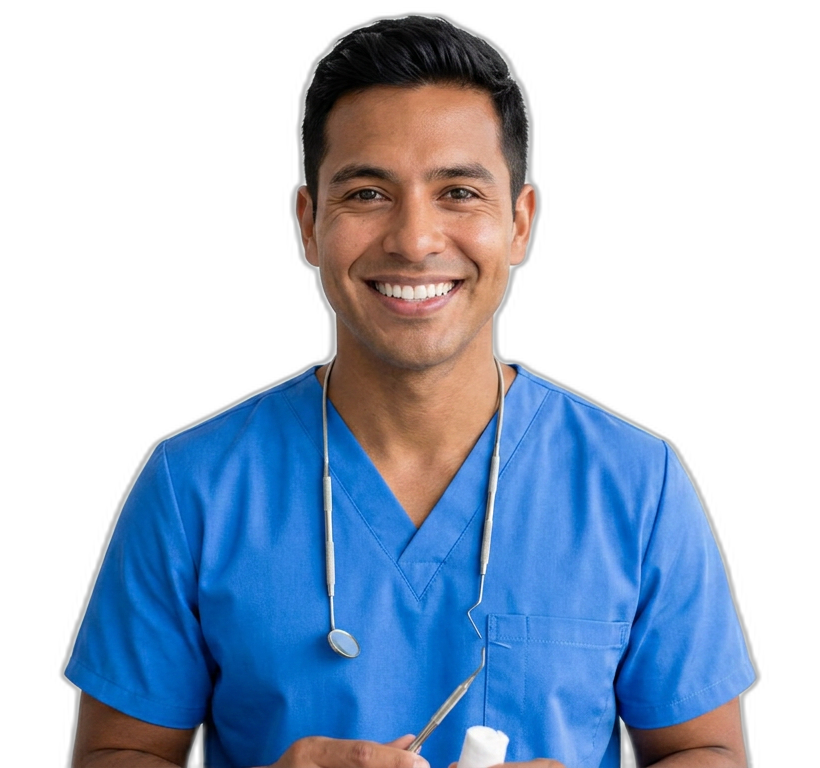 Dental hygienist in scrubs with clinical instruments