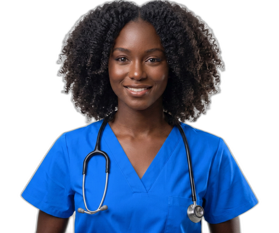 Nursing professional in blue scrubs with a stethoscope