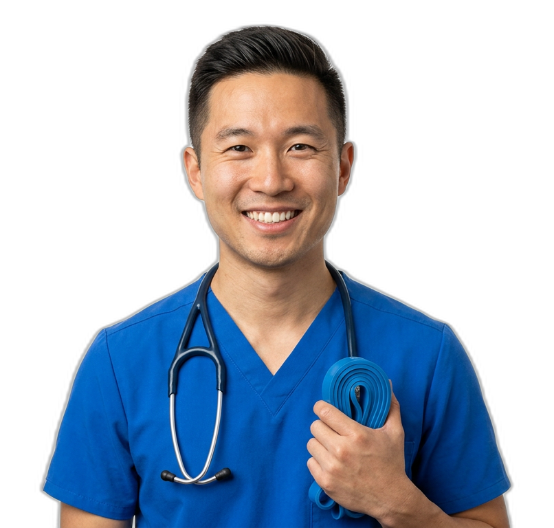 Physical therapist assistant in teal scrubs holding a resistance exercise band