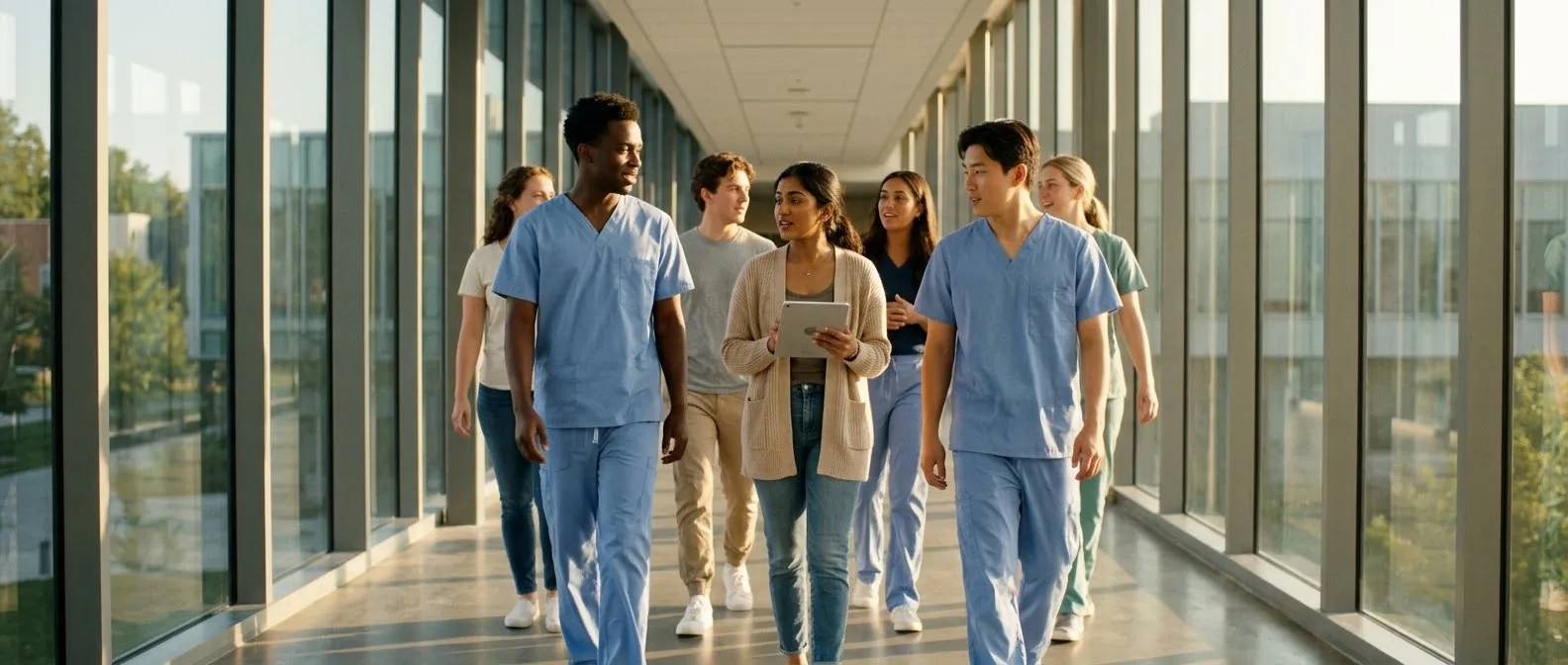 Healthcare students walking together through a sunlit modern university corridor.