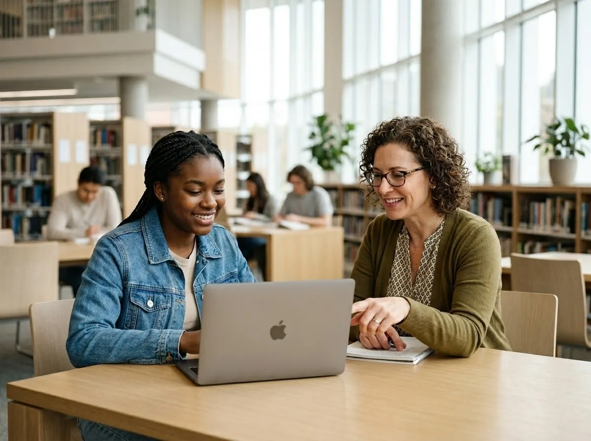 A student and academic advisor reviewing a healthcare program pathway on a laptop.