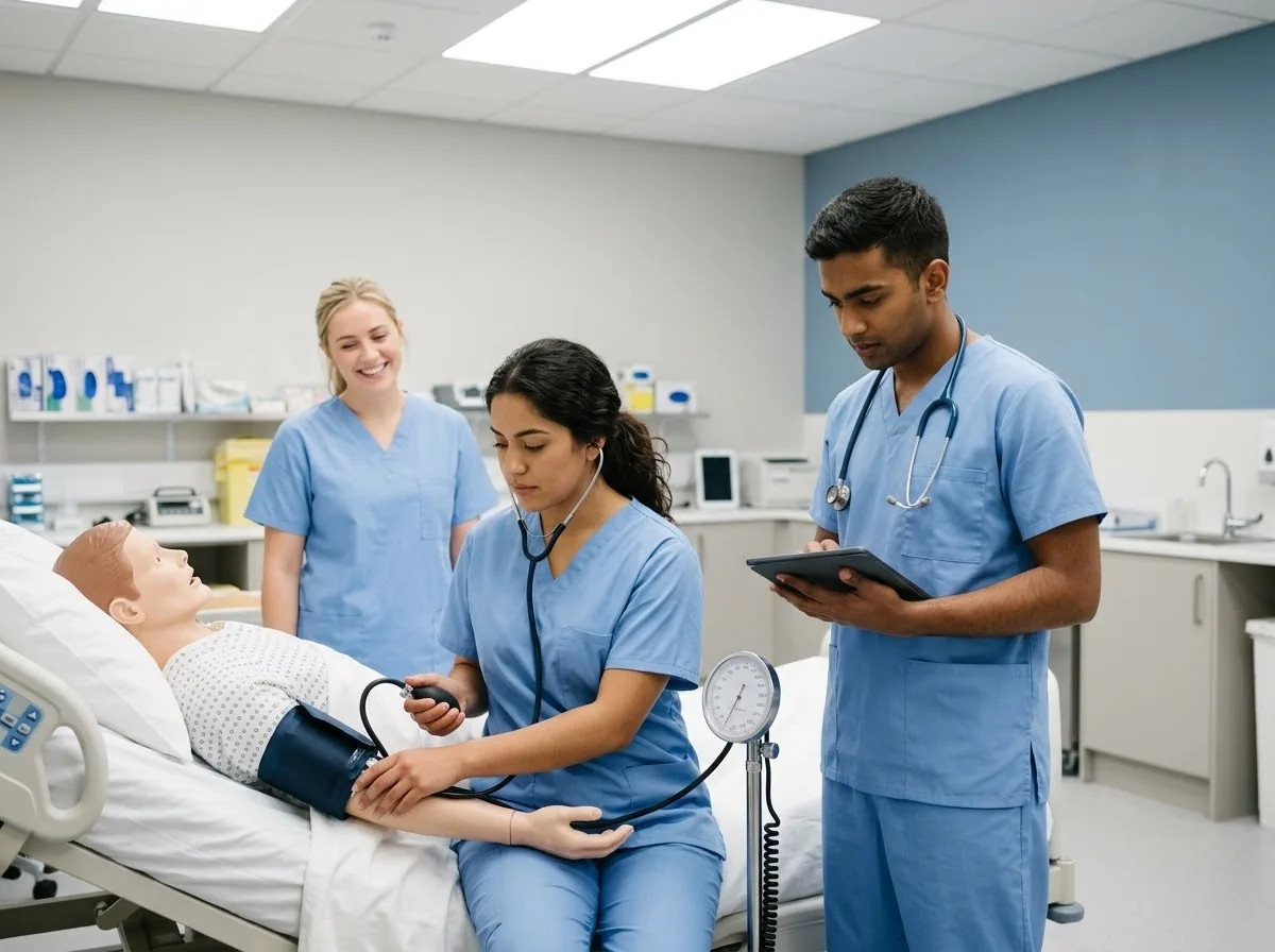 Nursing students practicing skills together in a clinical training lab.